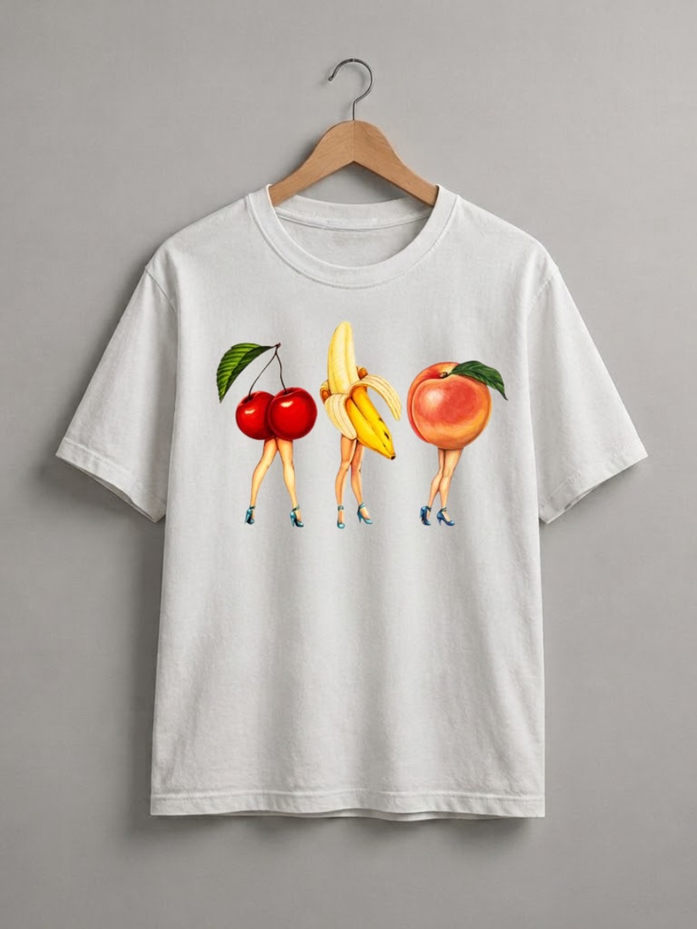 White Tee with Cherry, Banana & Peach Graphic